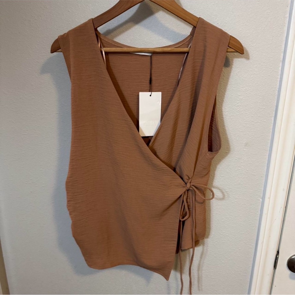 Zara Brown Sleeveless Tie Front Wrap Blouse